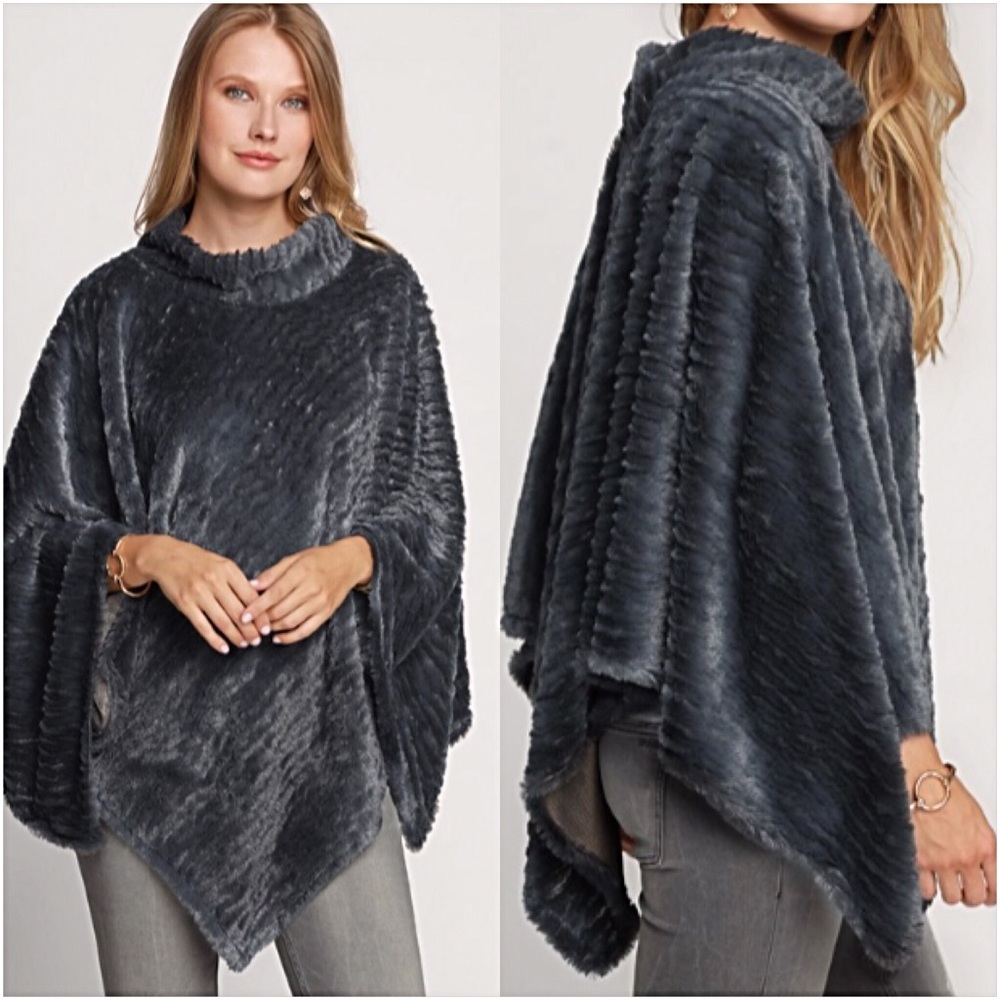 Dreamy Gray Faux Fur Fuzzy Poncho Sweater - Picture 5 of 7
